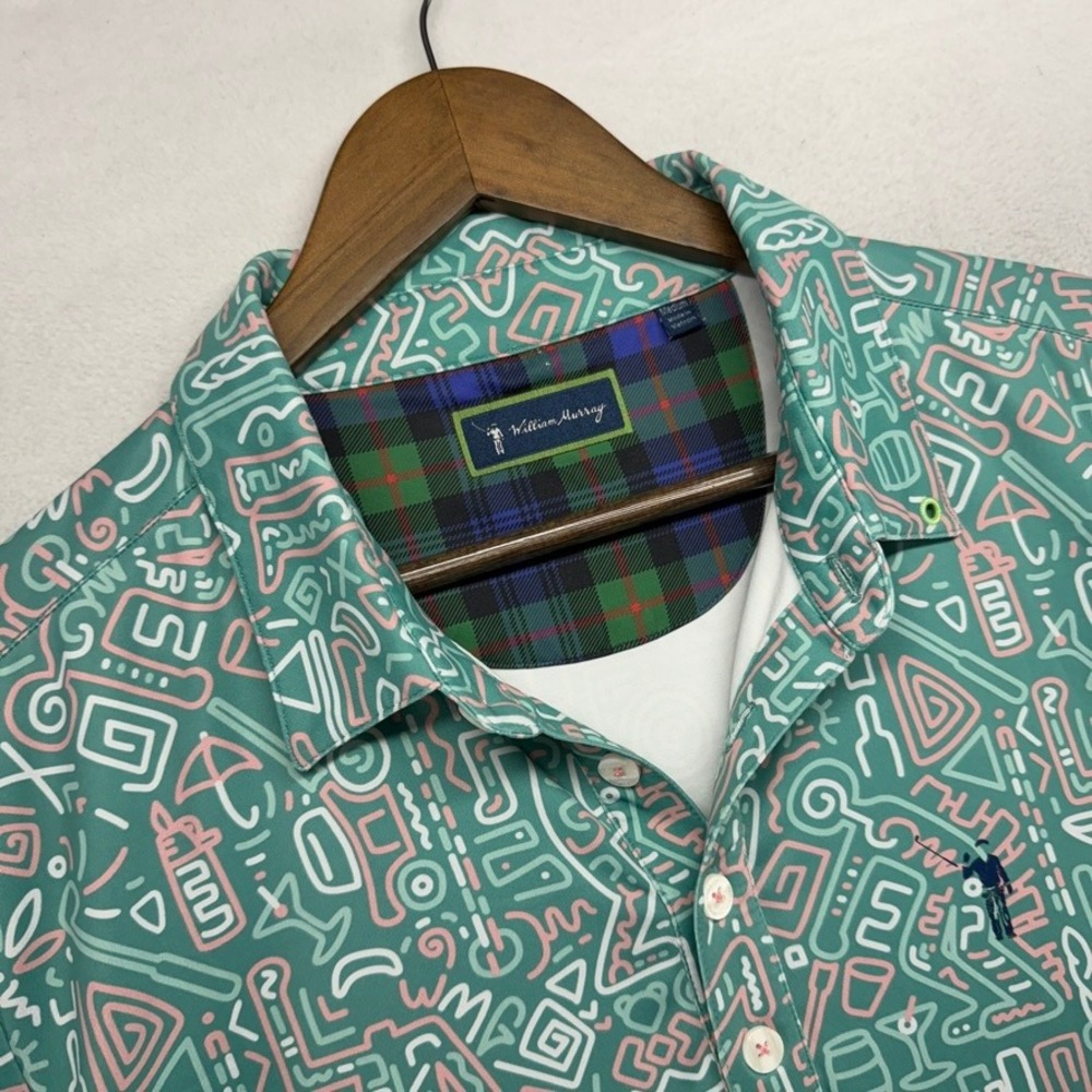 William Murray Polo Mens Medium Green Abstract Golf Shirt Performance Stretch - Picture 3 of 10